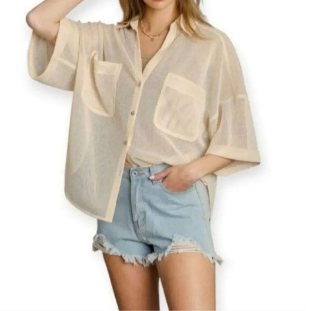 Lilyful Beige Sheer Mesh Button-Down Shirt Sz.S EUC.